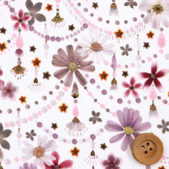 リバティ・ファブリックス タナローン（FLORAL GARLAND フローラル・ガーランド）ピンク＆パープル/オフホワイト地【24-363J4219・24DU】