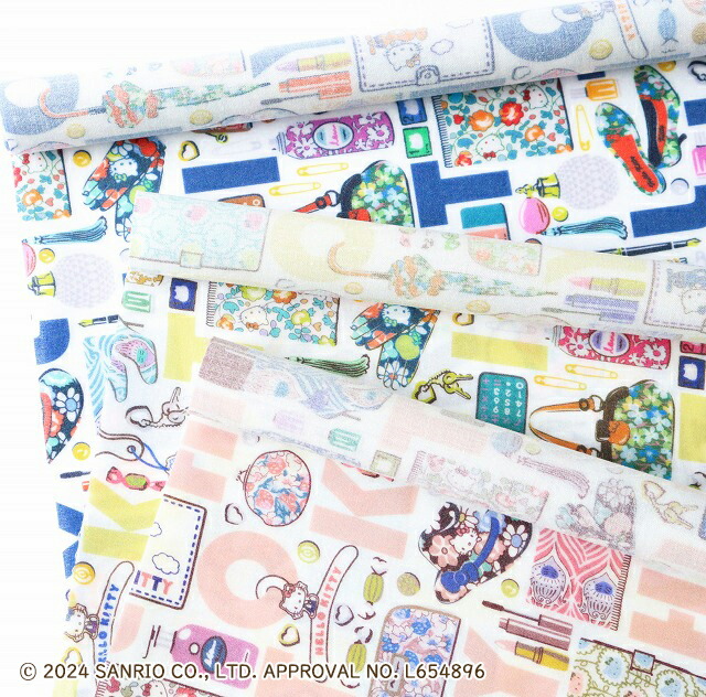 ◎リバティ・ファブリックスお試しセット◎<br>HELLO KITTY×LIBERTY FABRICS<br>【ラミネート加工】カットクロス3枚セット（Hello Kitty Necessities/イエロー）