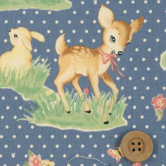 バンビとドット柄／ブルー【シーチング生地】