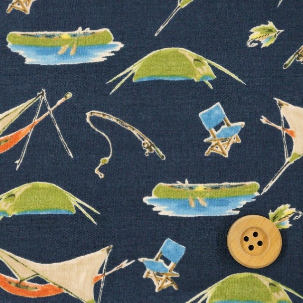 ★SALE★テントとカヌー柄／ネイビー【60ローン生地】