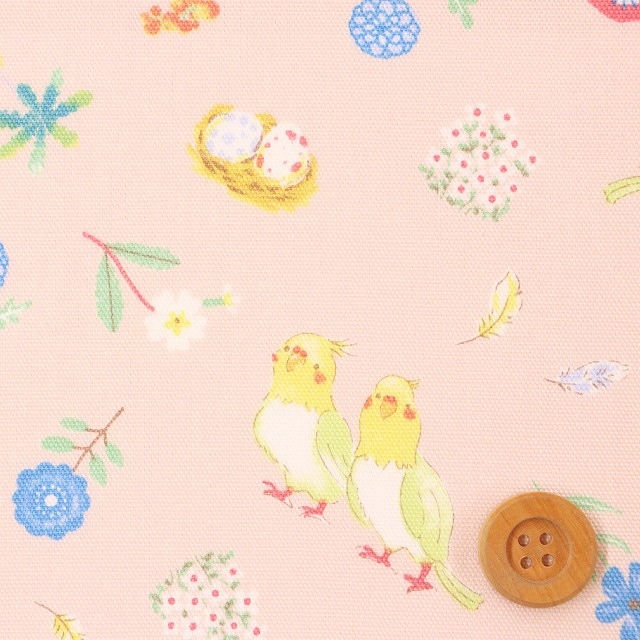 インコとお花柄／ライトピンク【オックス生地】