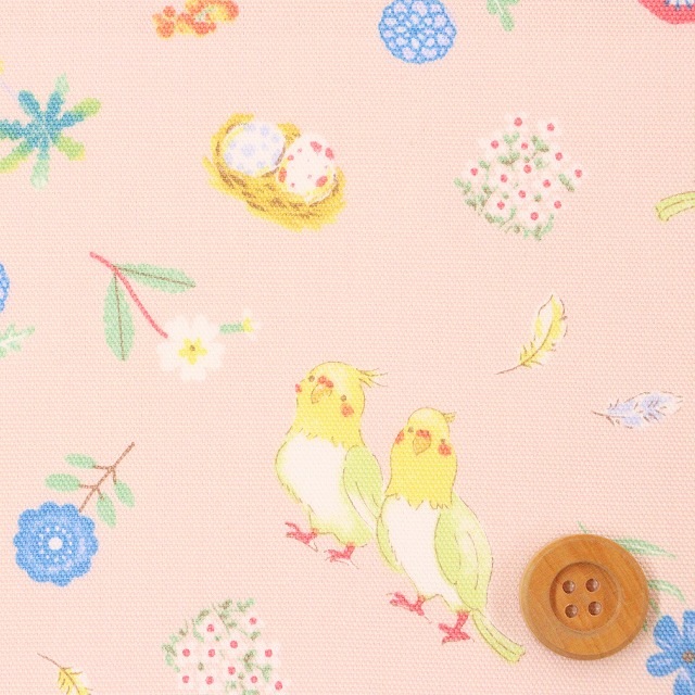 インコとお花柄／ライトピンク【オックス生地】
