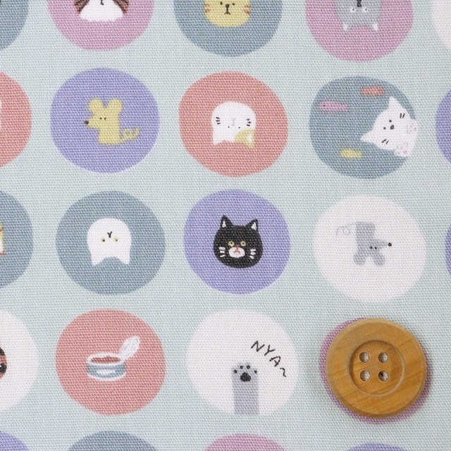ドットねこ柄／ミント【シーチング生地】