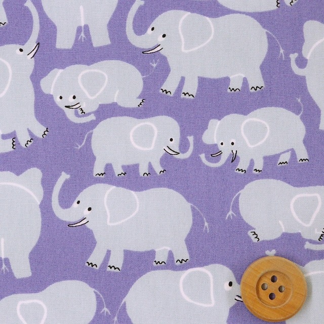ぞうさんいっぱい柄／パープル＆グレー【ブロード生地】