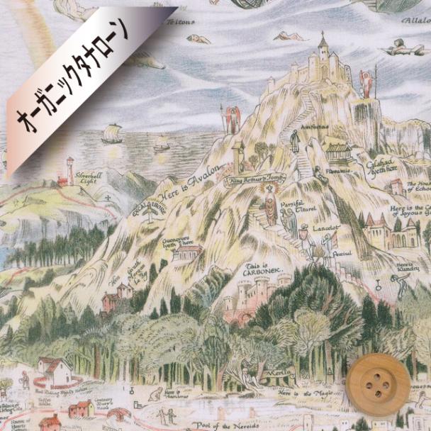 リバティ・ファブリックス オーガニックタナローン(Story Map ストーリー・マップ)ベージュ&グリーン【25-157J74901・25AU】