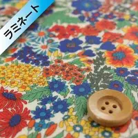 リバティ・ファブリックス タナローン206【ラミネート加工】 （Margaret Annie マーガレット・アニー）オレンジ＆ディープブルー／40cm【3631165・LAE】