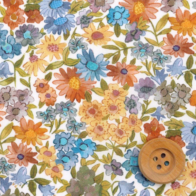 リバティ・ファブリックス タナローン（Sandra Spring サンドラ・スプリング）ブルー＆オレンジ【25-3635217・25AU】