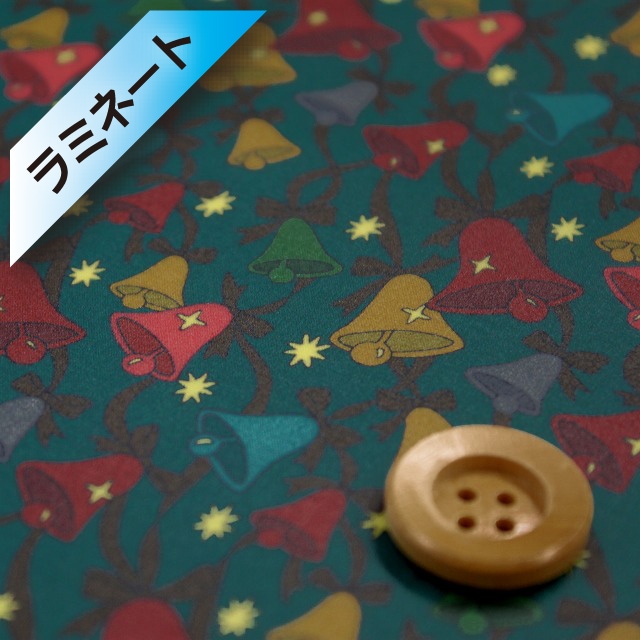 リバティ・ファブリックス タナローン【ラミネート加工】（Sparkling Bells スパークリング・ベルズ）ダークグリーン【DC30371・J19C】