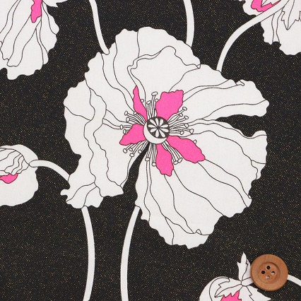 リバティ・ファブリックス タナローン（Fragile Blooms フラジャイル・ブルームス）ブラック地（ピンクネオン/ゴールドラメ）【24-3634206GN・J25A】