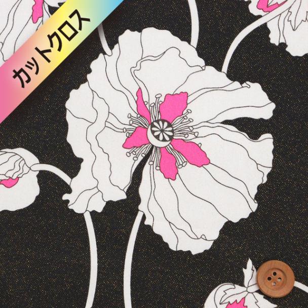 リバティ・ファブリックス タナローン（Fragile Blooms フラジャイル・ブルームス）ブラック地（ピンクネオン/ゴールドラメ）【24-3634206GN・J25A】カットクロス