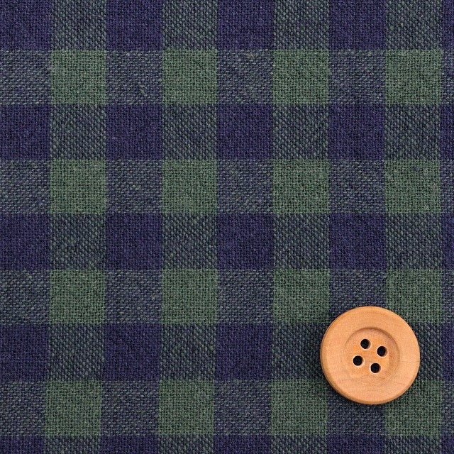 ★SALE★先染め綿麻チェック ワッシャー／ グリーン＆ネイビー（中・2C）【綿麻生地】