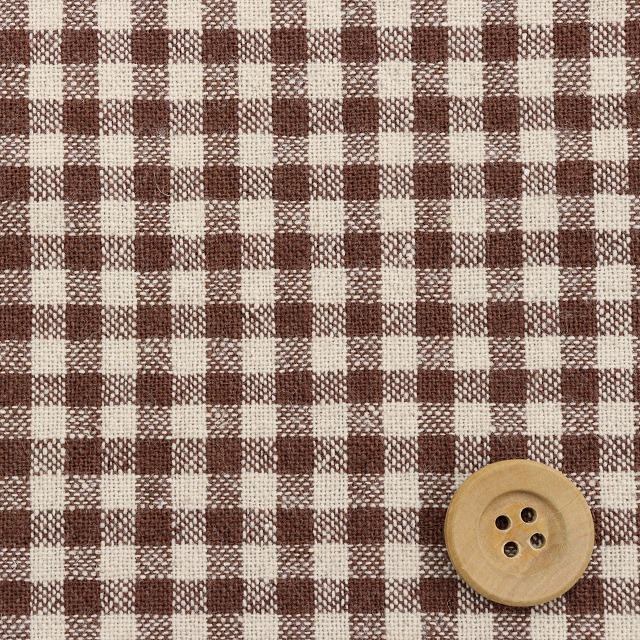 ★SALE★先染め綿麻チェック ワッシャー／ブラウン（小・1E）【綿麻生地】