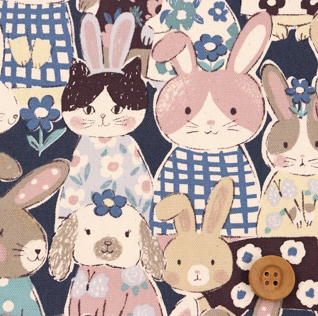 パワフルアニマルうさぎ柄／ネイビー【オックス生地】