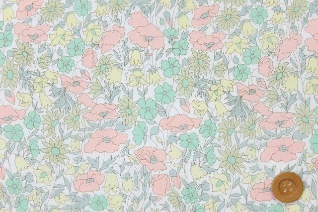 【サンドウ限定復刻色】リバティ・ファブリックス タナローン（Poppy＆Daisy ポピー＆デイジー）ミルキーグリーン＆イエロー／30cm【02-3632104・LBE】