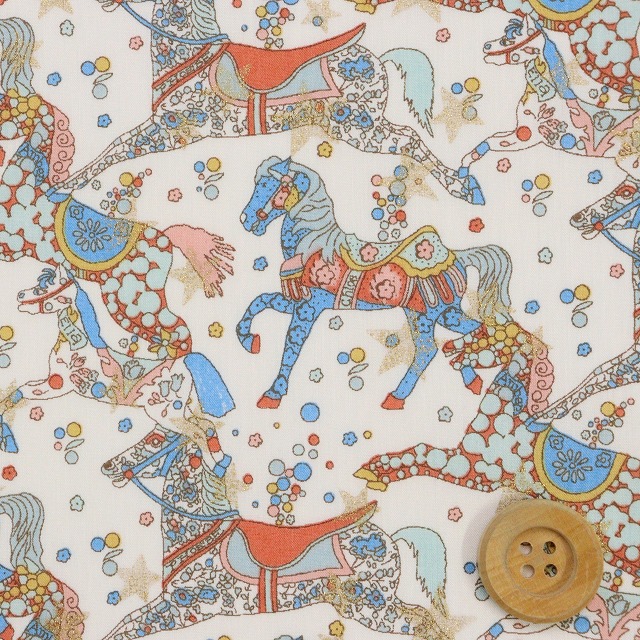 リバティ・ファブリックス タナローン（Celestial Pace セレスティアル・ペース）ブルー＆オレンジ/生成地/ラメ【DC35395・J25B】