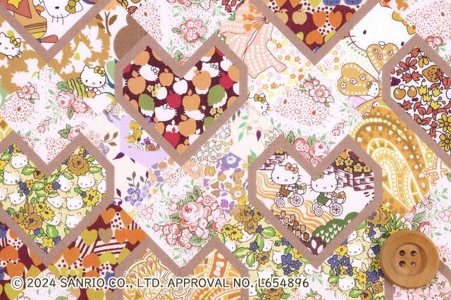 ハローキティ×リバティ・ファブリックス タナローン（Patchwork Hearts パッチワーク・ハーツ）イエロー＆ベージュ/70cm【DC34428・J24D】