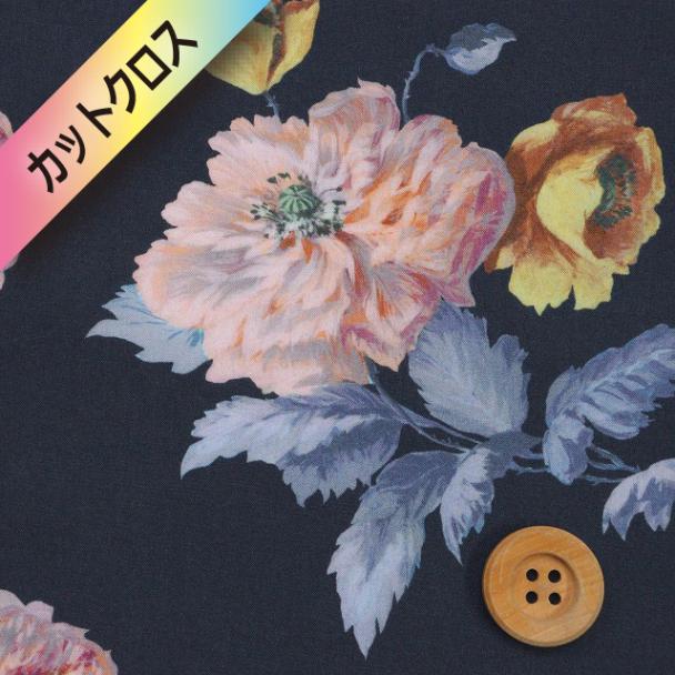 リバティ・ファブリックス タナローン（Regency Peony リージェンシー・ピオニー）ダークネイビー地【26-36361009・26CU】カットクロス