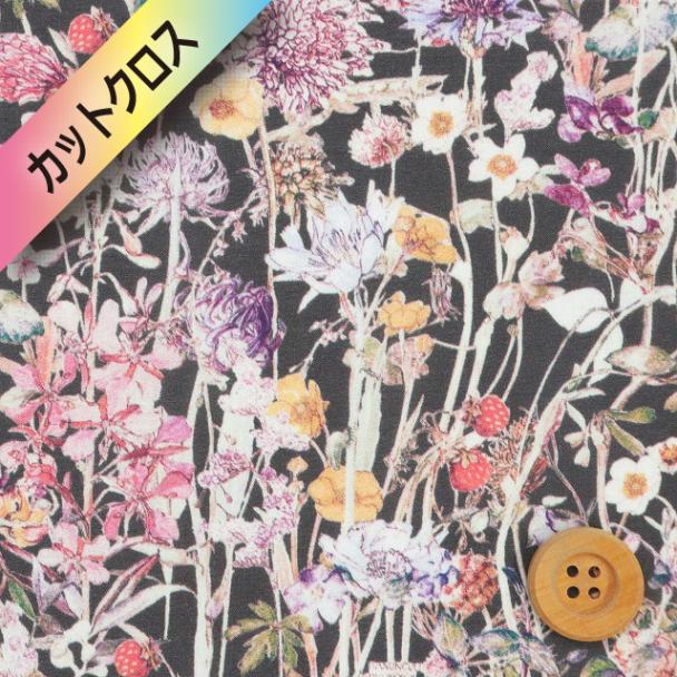 リバティ・ファブリックス タナローン（Wild Flowers ワイルド・フラワーズ）ピンクパープル/ブラック地【14-3634251・VE】カットクロス