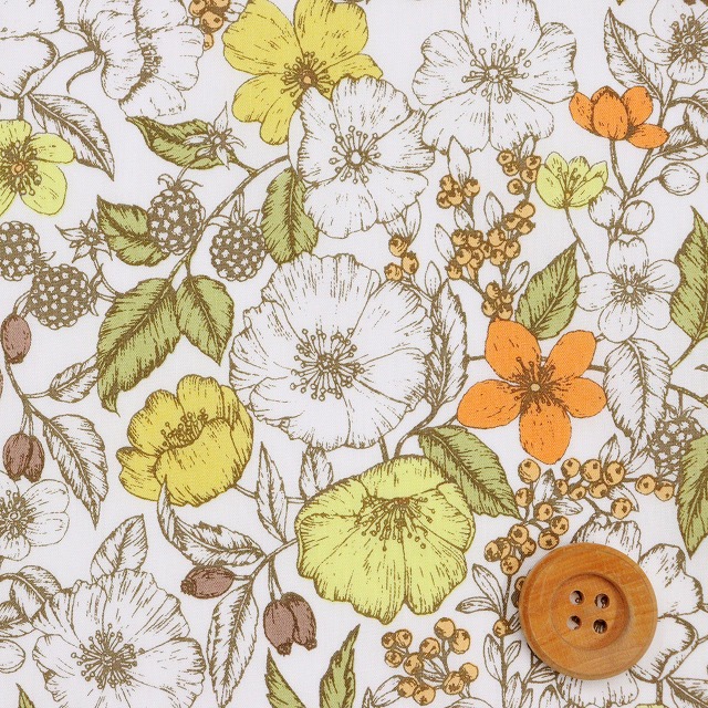 リバティ・ファブリックス タナローン（Bramble ブランブル）イエローグリーン＆オレンジ【21-3631236・YE】