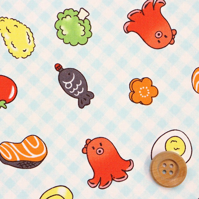 タコさんウインナーお弁当柄／ブルー【シーチング生地】