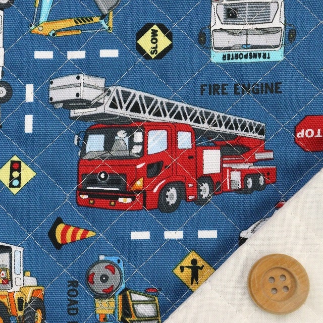 はたらく車柄／ブルー【全針キルティング生地】