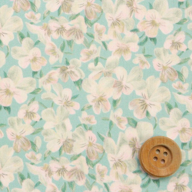 リバティ・ファブリックス オーガニックタナローン（Somerset Pansy サマセット・パンジー）ブルーグリーン【26-157J75907・26DU】