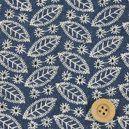 リーフ柄/インディゴブルー【デニム刺しゅう生地】