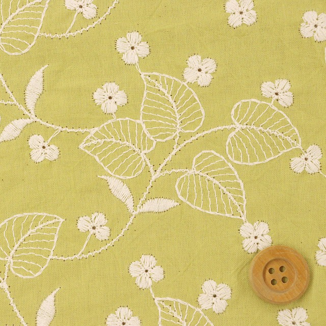 ★SALE★【NANA】植物の刺繍生地（12）／きみどり【5095・2】