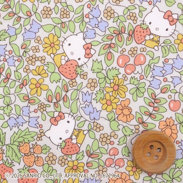 【限定復刻柄】リバティ・ファブリックス×ハローキティ タナローン（Strawberry Field ストロベリー・フィールド）グリーン＆オレンジ【DC27771・J27C】
