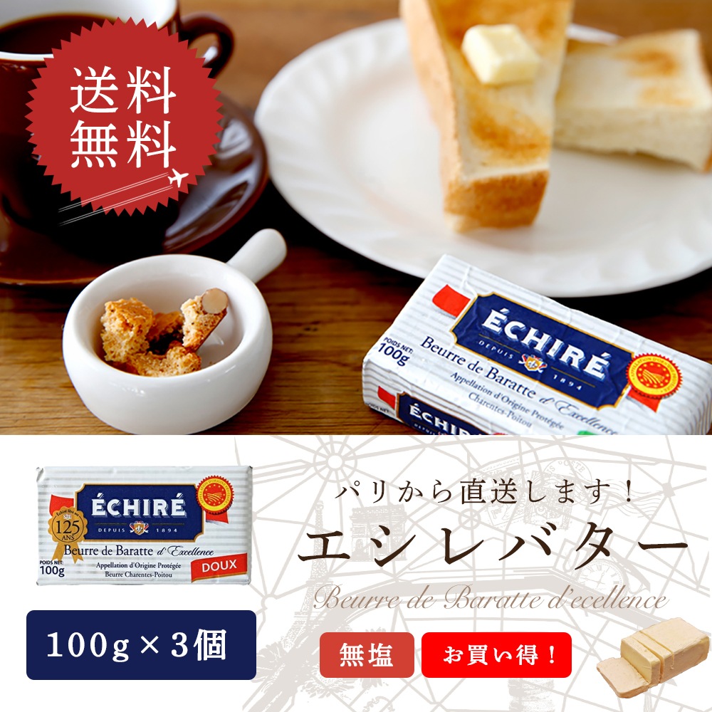 【送料無料・3個セット】エシレ 無塩バター 100g×3個セット｜AOP認証 フランス産 発酵バター 殺菌乳｜ブロックタイプ ECHIRE パリ直送