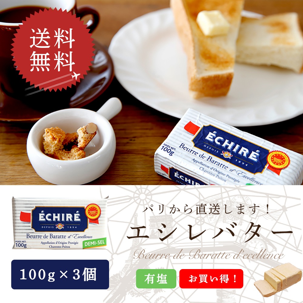 【送料無料・3個セット】エシレ 有塩バター 100g×3個セット｜AOP認証 フランス産 発酵バター 殺菌乳｜ブロックタイプ ECHIRE パリ直送
