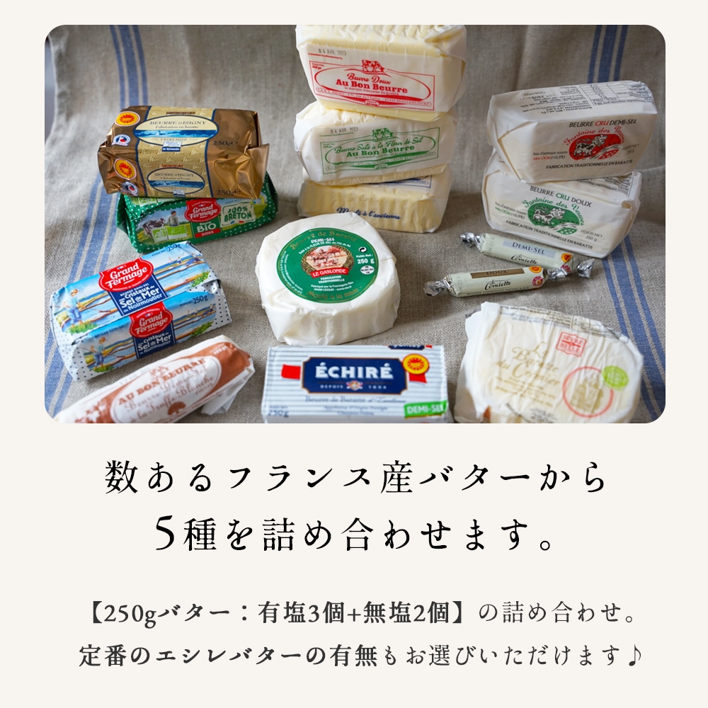 【送料無料】フランス産 おまかせ発酵バターセット 250g×5種（有塩3・無塩2）｜総重量1250g｜フランス産 発酵バター お買い得ランダムBOX｜パリ直送