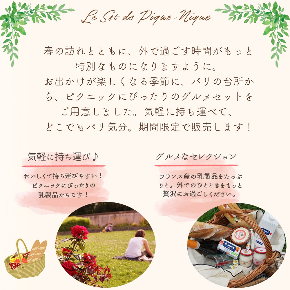送料無料 春のピクニックセット2026【総重量1,780g】エシレ 有塩 コンヴィエッタ サンマルセラン ププリエヨーグルト アプリコット フランボワーズ エシレミルク 低脂肪 パリ直送 バター チーズ ヨーグルト【販売期間:5/31まで】