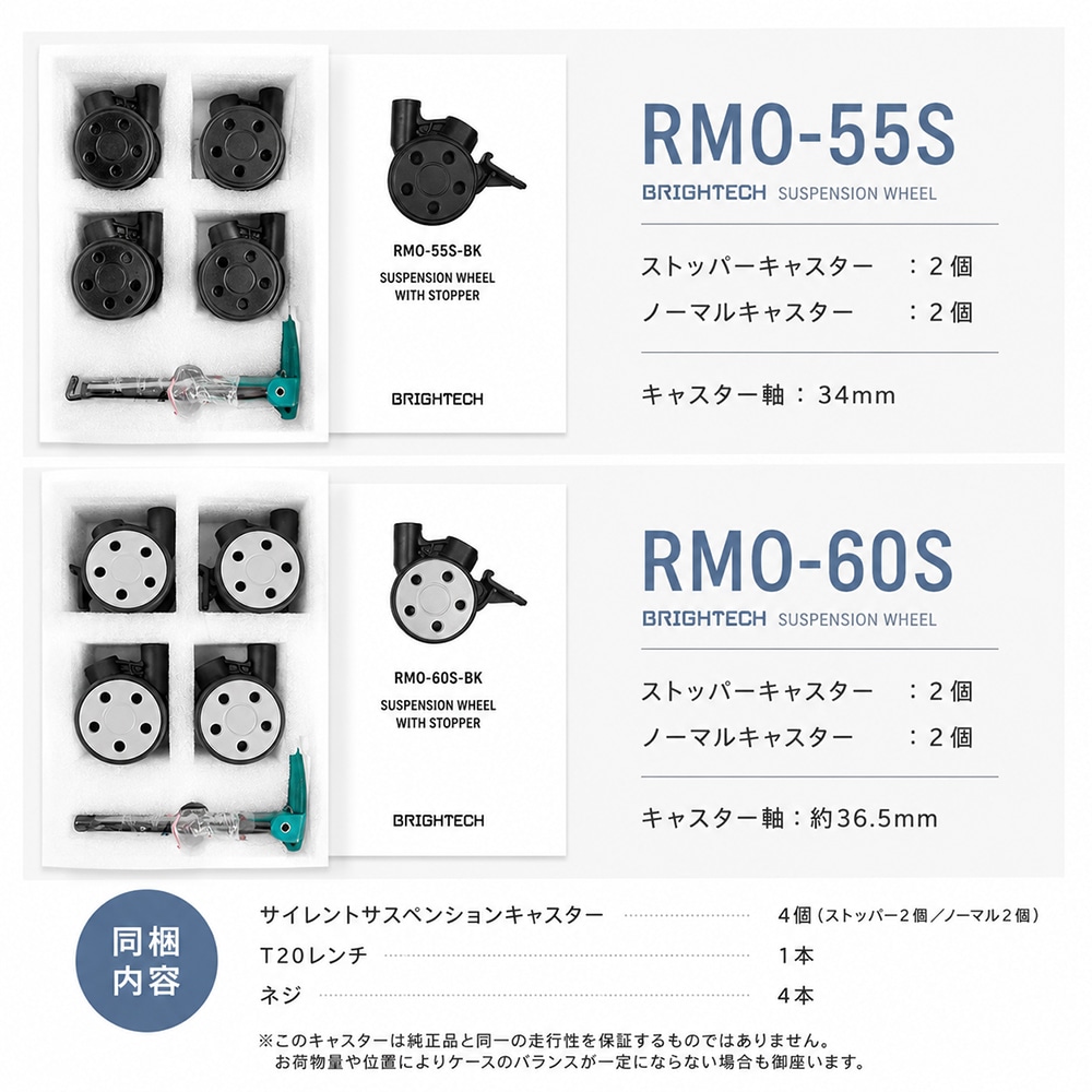 BRIGHTECH RMO-55S-GR サスペンションホイール ストッパー付き! リモワ 社専用 RIMOWA 互換性 サイレント