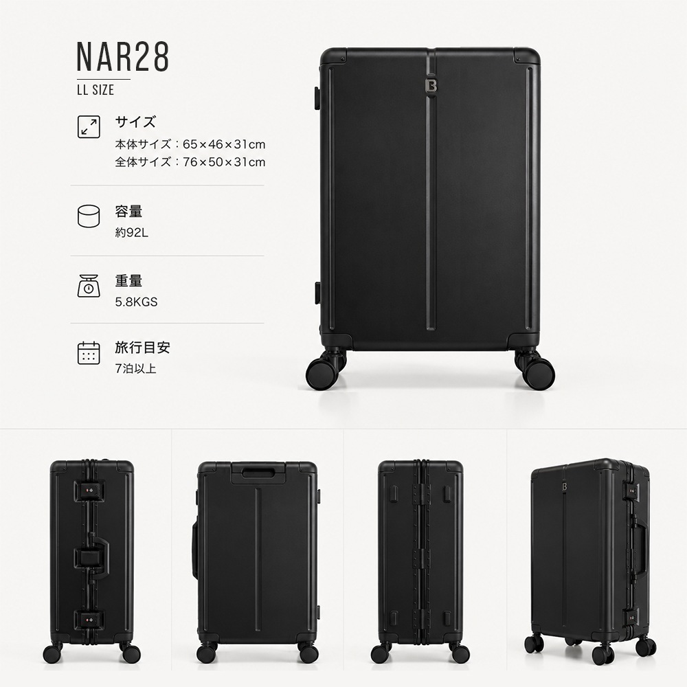 最新モデル BRIGHTECH ブライテック アルミフレーム搭載 スーツケース NAR シリーズ S-ＬLサイズ キャリーケース 感動静音キャスター TSAロック ビジネス 出張 旅行 １年保証 軽量