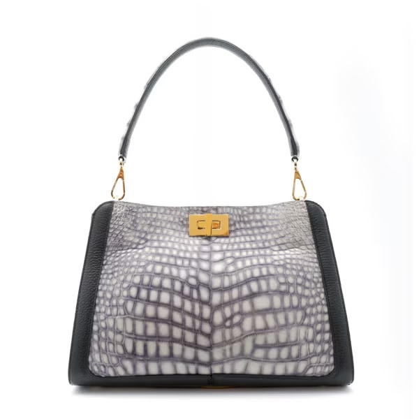 クロコダイル×牛革　一本手捻り金具付ハンドバッグ IKURAブラック