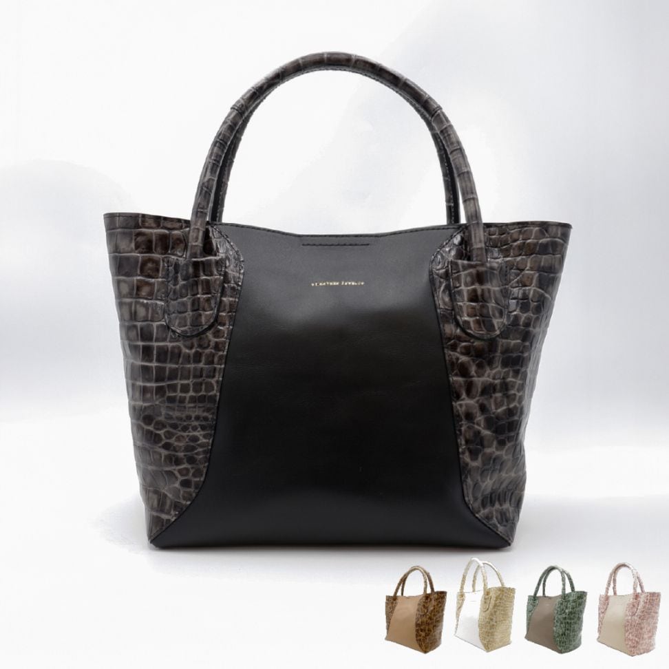 型押し牛革×ヌメ革 二本手コンビバッグ