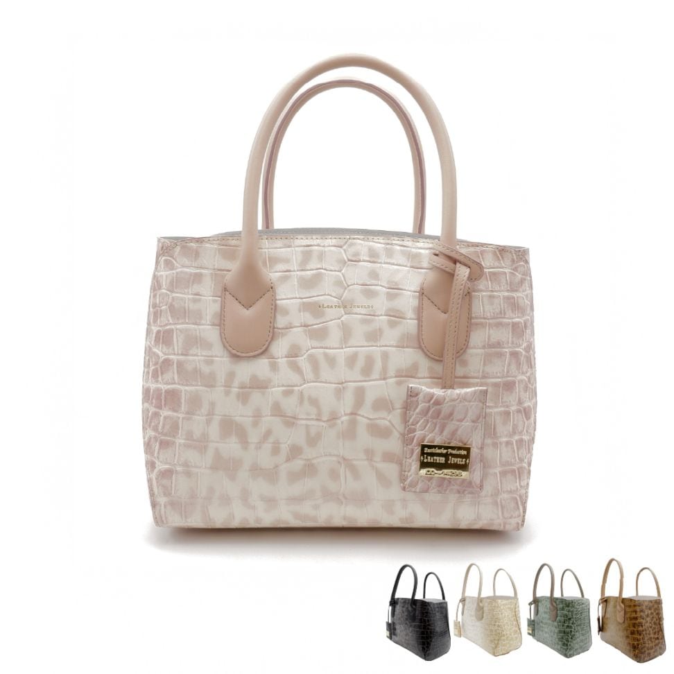 型押し牛革 二本手スクエアハンドバッグ