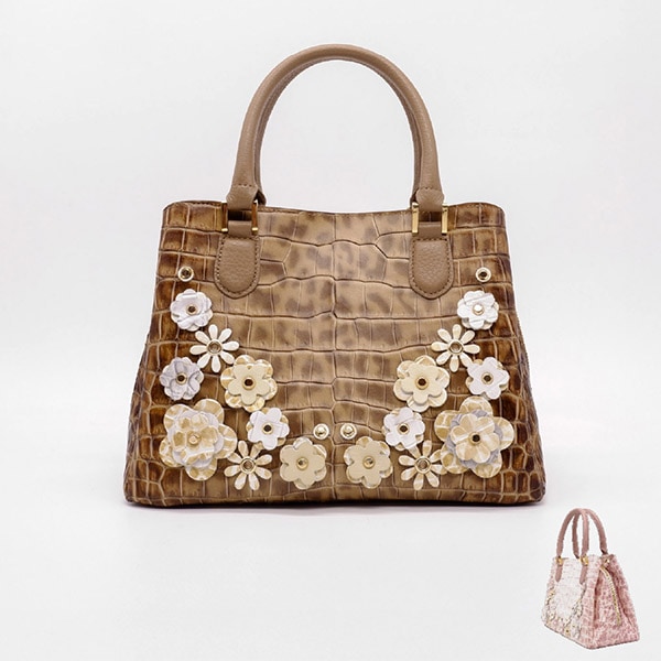 型押し牛革 フラワーモチーフハンドバッグ