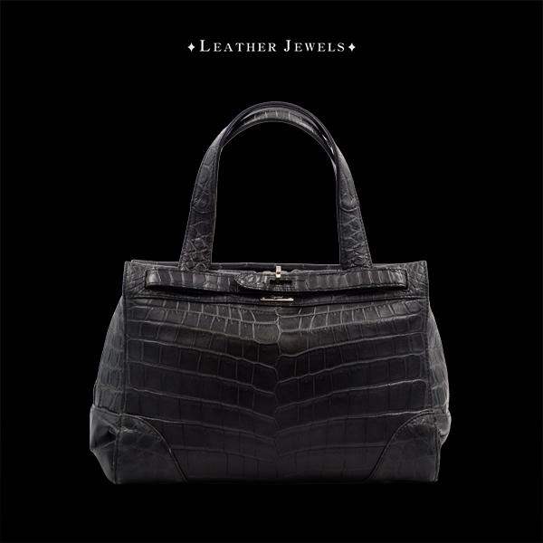 クロコダイル 金具付き手提げバッグ ブラック