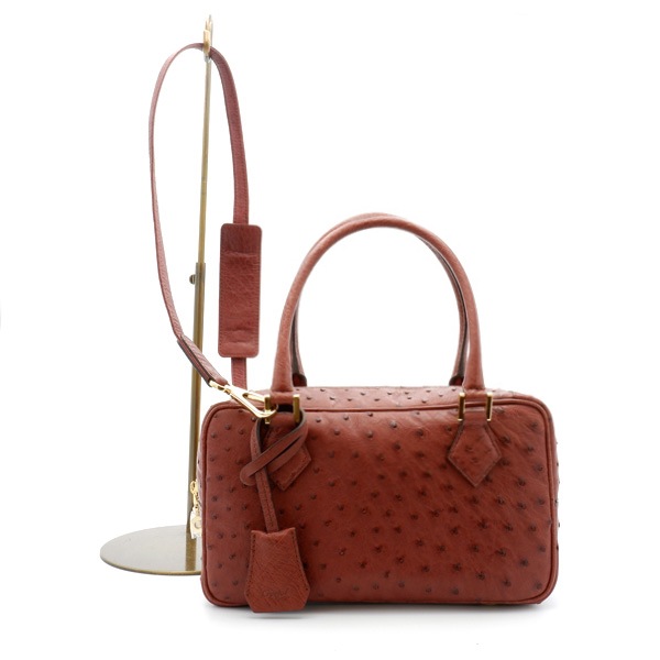 オーストリッチ　 二本手ハンドバッグ　マホガニ