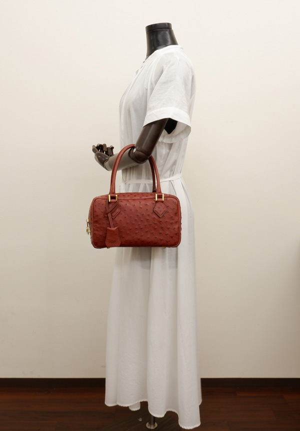 オーストリッチ　 二本手ハンドバッグ　マホガニ