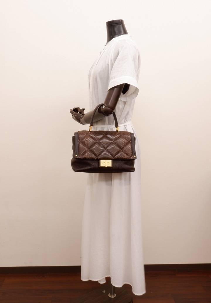 パイソン×牛革　 一本手ハンドバッグ　ニコチン