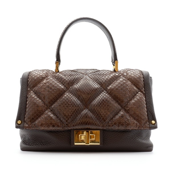 パイソン×牛革　 一本手ハンドバッグ　ニコチン