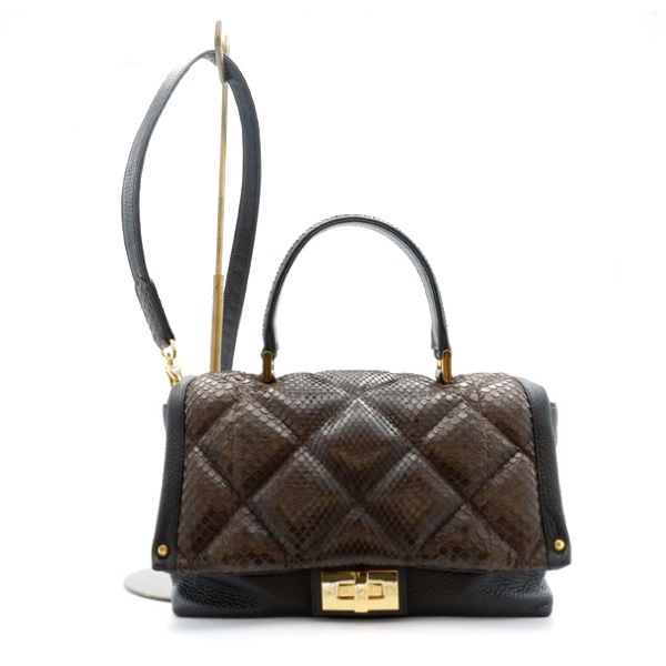 パイソン×牛革　 一本手ハンドバッグ　ニコチン