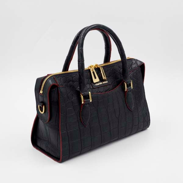 クロコダイル 二本手ハンドバッグ ネイビーブラック