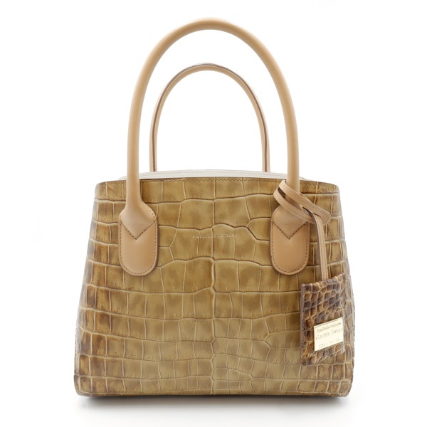 型押し牛革 二本手スクエアハンドバッグ