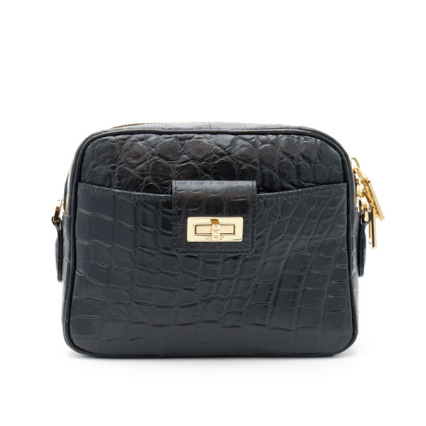 【キャリー品】 クロコダイル 草木染ショルダー付きポーチバッグ 墨染