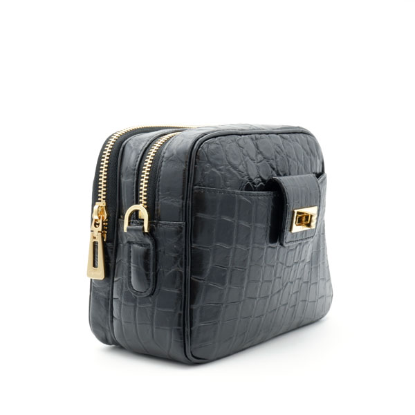 【キャリー品】 クロコダイル 草木染ショルダー付きポーチバッグ 墨染