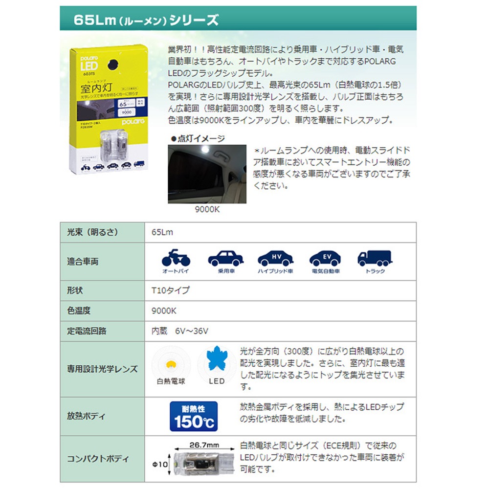 �������� POLARG LED ��T10 9000K 65lm 2�� 12V-24V�б��� ������ ��Ǯ��°�ܥǥ����� �ݥ顼�� [603TS] P2835W